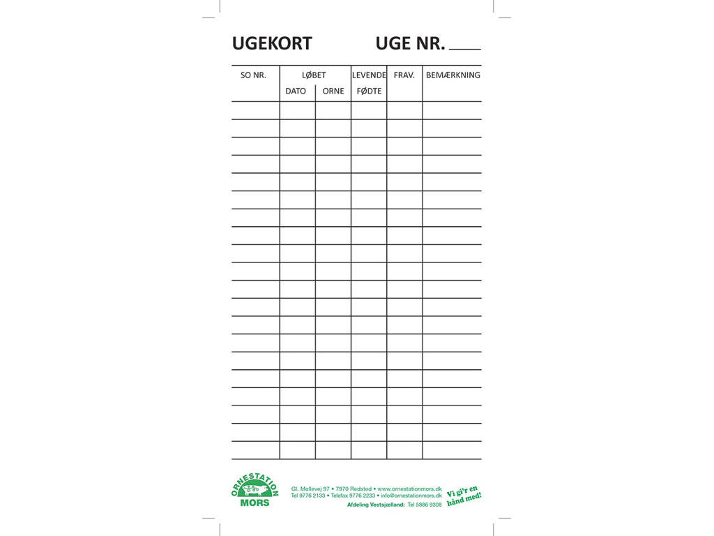 Ugekort, til 20 søer, 50 stk.