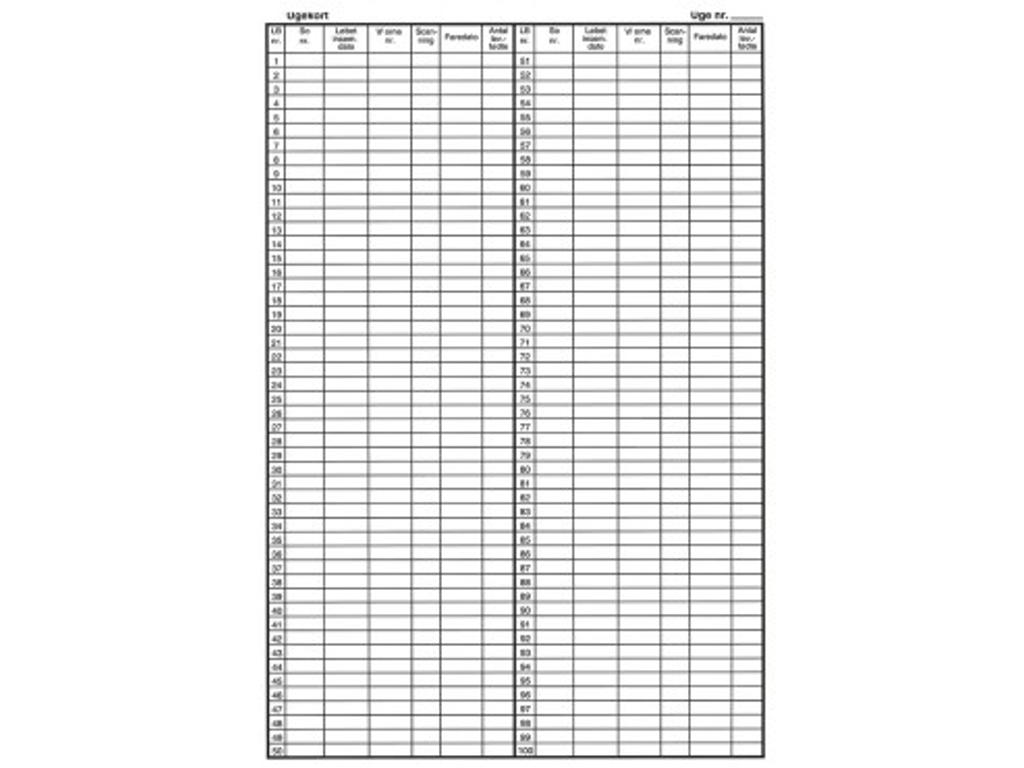 Ugekort a4 til 100 søer 25 stk